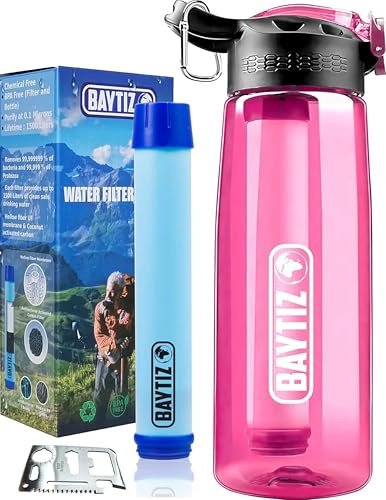 BAYTIZ,Filterflasche + Überlebensstrohhalm mit Aktivkohle – Wasserfilter-Flasche für unterwegs: Reisen, Wandern, Trekking, Camping, Kunststoff, Regenbeutel Katastrophe