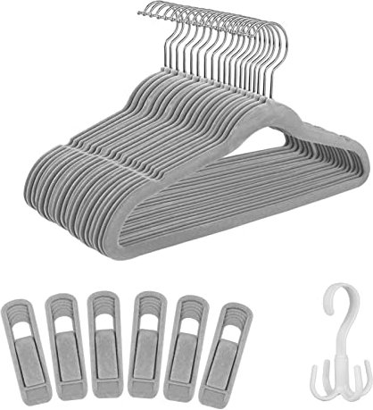 Tinfol 30pc Kleinkind Samt Kleiderbügel, 35cm Graue rutschfeste Kinderbügel, platzsparende Filz-Babybügel mit 6 Samtbügelclips und einem drehbaren Haken für Kinderkleider, Hosen, Röcke, Kleidung