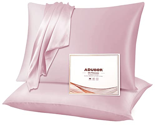 Adubor 100% Seidenkissenbezug 40x80cm für Haar und Haut, mit verstecktem Reißverschluss, beide Seiten, 23 Momme Seide, Fadenzahl 900 (Rosa, 2 Stück)