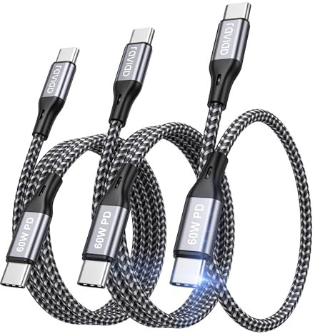 RAVIAD Câble USB C vers USB C [0.3M+1M+2M/Lot de 3] 60W Cable USB C Charge Rapide Nylon Tressé PD Câble USB Type C Compatible avec Samsung Galaxy S23 S22 S21 S20 S10, Pad Pro, Huawei, Google Pixel 7