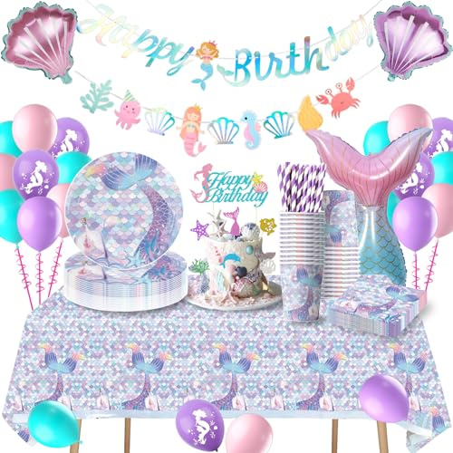 Mermaid Birthday Decoration, Mermaid Party Tableware Set, Birthday Party Tableware with Balloons, Party Plates for Decoration, Baby Shower 16 Guests