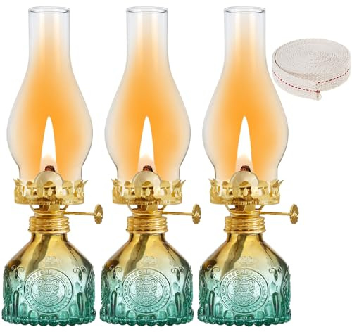 GXFCCYXT 3 Pieces Oil Lamps for Indoor Use Gradient Green Vintage Kerosene Lamp with 39 Inchs 3/8'' Flat Oil Wicks Beautifully Carved Oil Lamp for Home Tabletop Emergency Lighting