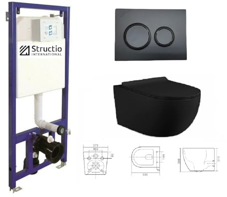 Vorwandelement Unterputz WC Spülrandlos Unterputzspülkasten Spülkästen Wand WC SET WC Sitz Soft Close Vorwandspülkasten Montageelement Hängewand Element+Drückerplatte (Drückerplatte 10 Black+WC1034)
