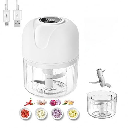 Electric Mini Food Chopper, 250ML Cups, Cordless Rechargeable Mini Onion Veg Cutter, Garlic Press Crusher, Portable Small Vegetable Processor for onion, garlic，Meat, Chili (White, 250ML)