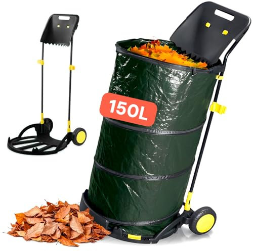 Avilia Carrello con Ruote per Foglie Richiudibile 150L - Carrello Porta ​​Sacco Pop Up in Acciaio Verniciato Verde - Carrello con Ruote per Facile Trasporto per Giardinaggio, Raccolta Foglie e Rifiuti