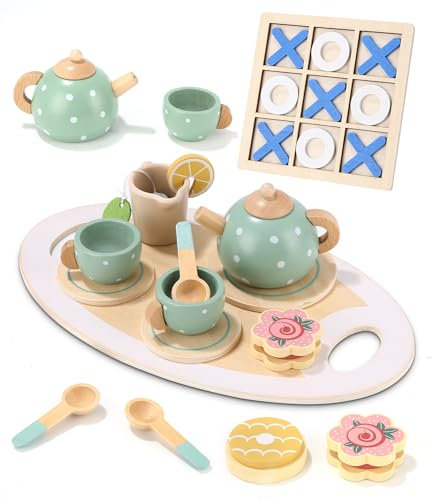 Teeservice Kinder Holz Set, Kinderküche Zubehör, Teeparty Spielküche Rollenspiele, Spielküche Zubehör, Rollenspiele Kinderküche, Tee Set Holzspielzeug, Geschenkfür Kinder Mädchen Jungen