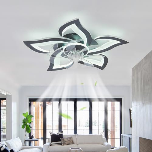 LED Lampadario Con Ventilatore Da Soffitto E Telecomando, Smart Reversibile Dimmerabile Lampadario Ventilatore Fiore Silenzioso Grande Moderno Luce Con Ventilatore Bambini Per Cucina-Black