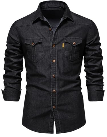 Btmpmcs Camisa de Denim para Hombre - Ajuste Delgado - Camisa de Mezclilla Coton Business Casual - Manga Larga - Cuadros