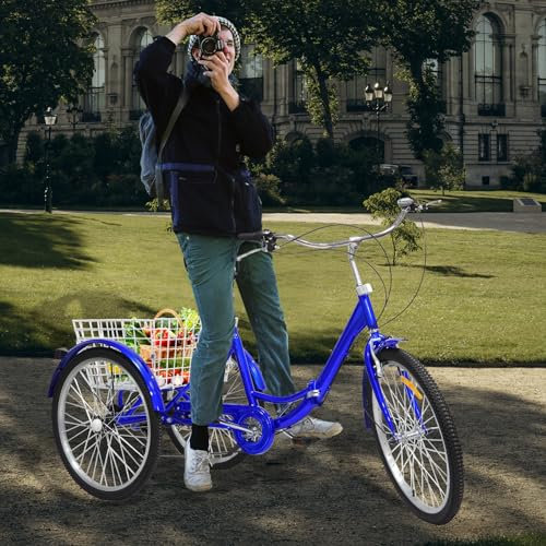 24in Dreirad für Erwachsene, Tricycle mit Korb|Bell,Einstellbares 3-Rad Fahrrad,7-Gänge Dreirad mit Rückenlehne Sitzkissen,120kg Senior Fahrrad mit 3-Rädern für Outdoor Shopping