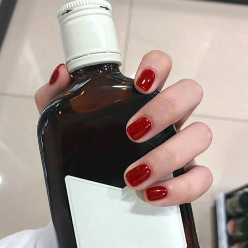 Short Square Dark Blue False Nails Glossy Pure Color Collection,24Pcs Full Cover Acrylic Stick on Nails with Jelly Glue for Women Girls Nails Art (Light Burgundy)