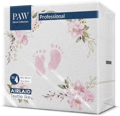 PAW Stoffähnliche Servietten 40 x 40 cm, 50 Stück - Babyfüße Hellrosa | Das Airlaid-Material ist reißfest und saugstark, liebevolle Deko für Babyparty und Taufe, edler Rahmen zur Willkommensfeier