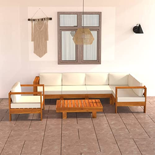 KTHLBRH Outdoor Lounge Garten möbel draußen Balkon Tisch und stühle 7-TLG. Garten-Lounge-Set mit Creme Auflagen Massivholz Akazie
