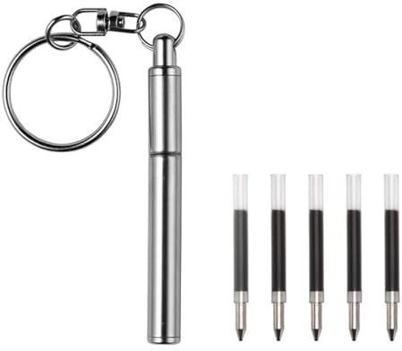 yotutun Mini Schlüsselanhänger Stift mit 6 Ersatzminen, Edelstahl Teleskop Kugelschreiber Leichte Metall Einziehbare Füllfederhalter Hosentasche Schlüsselbund Kugelschreiber