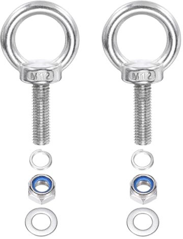 PATIKIL M12 x 50mm Lifting Shoulder Eye Bolt, 2Pcs 304 Stainless Steel Lifting Ring Threaded Eyebolt with Nuts Washers for Hanging Hammocks Articles