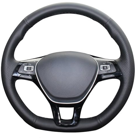 MEWANT Handgenähter, Rutschfester schwarzer Echtleder-Lenkradbezug für Golf 7 2013–2021, Golf Sportsvan (SV) 2014–2021