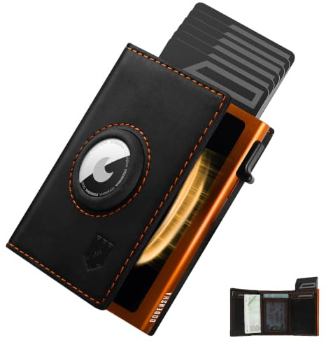 DODENSHA Mens AirTag Wallet, RFID Blocking Leather Smart Pop Up Card Wallet for Men with Coin Pocket, Aluminum Credit Card Holder with ID Window, Magnetic Closure