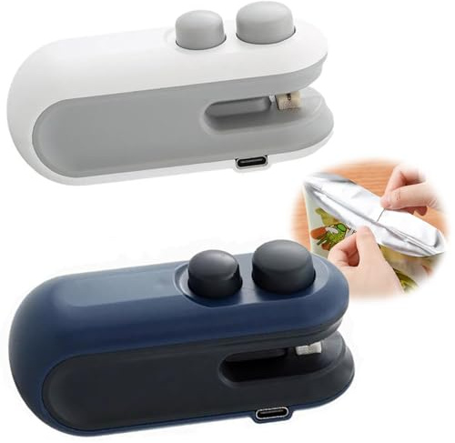 JinRui-T Mini Bag Sealer,Handheld Heat Sealer,Rechargeable Easy Seal Bag Sealer for Snacks,2 in 1 Heat Sealer and Cutter,2 PCS Bag Resealer Preservation Food Storage (White-Blue)