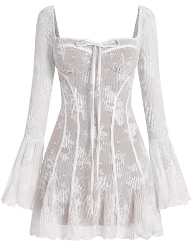 Odizli Korsett Kleid Damen Elegant Herbst Langarm Blume Spitzenkleid Minikleid Kurz Herbstkleid Festlich Hochzeit Hochzeitsg�ste Partykleid Y2K Aesthetic Cottagecore Corset Milkmaid Dress Wei� S
