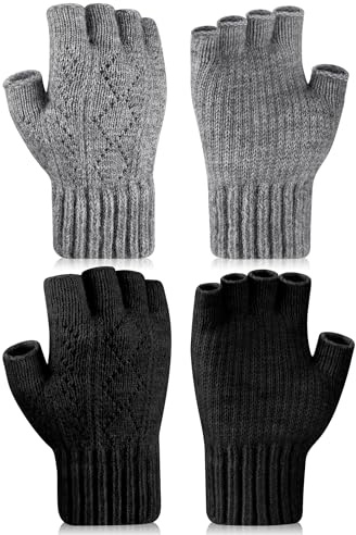 Kiiwah 2 Paare Fingerlose Handschuhe Unisex Warme Winter, Half Finger Mittens Ohne Finger Schwarz Grau Beige für Herren und Damen