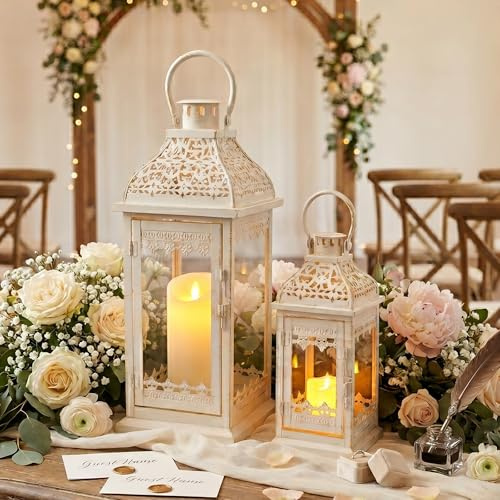 JHY DESIGN Set of 2 33 cm & 50 cm H Decorative Candle Lanterns Vintage Hanging Lantern Metal Candle Holder for Garden Living Room Indoor Outdoor Parties Weddings Balcony(Beige with Gold Brush)