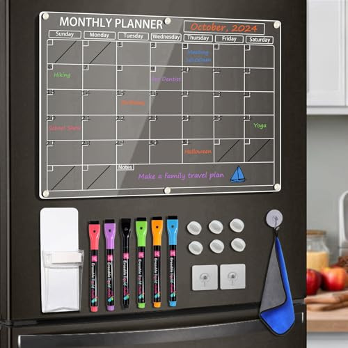 LISSCHANN Acryl Magnetischer Kalender für Kühlschrank, 40,6 x 30,5 cm Transparenter Abwischbar Monatskalender Planungstafel für Kühlschrank, mit 6 Farbmarkern, Stifthalter und Handtuch