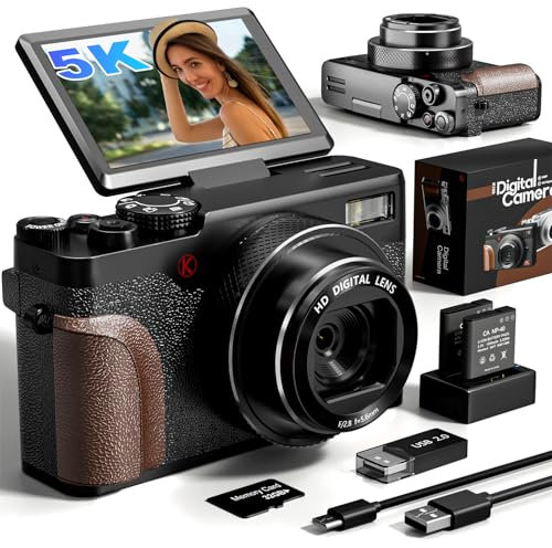 Digital Camera, 64MP Cameras for Photography, 5K Vlogging Camera for YouTube, 180°Flip Screen Digital Point and Shoot Camera with 18X Zoom, Compact Camera for Beginner with 32GB SD Card(2 Batteries)