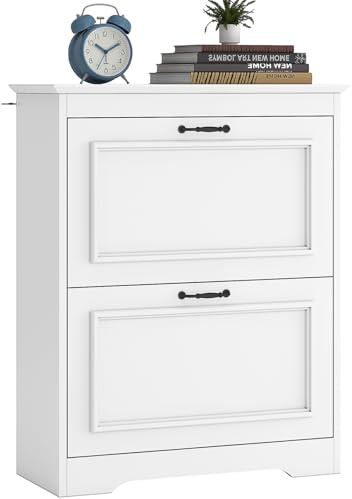 Brinlawb Schuhschrank Weiss Schuhkipper mit 2 Klappen, Schuhkommode Schuhregal mit Trennwände verstellbar und abnehmbar, für 8-12 Paar Schuhe, Schuhschrank Holz für den Eingang, Flur, Wohnzimmer Weiß