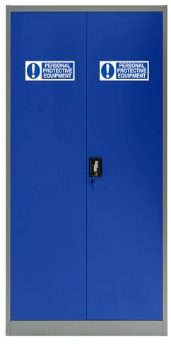 The Workplace Depot Metal Lockable Cabinet, Office Garage Utility Room, Cleaning Storage Broom Cupboard (Blue + PPE Sticker)