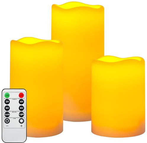 Da by 3 Vela LED impermeable para exteriores con mando a distancia y temporizador, vela de plástico falsa parpadeante a pilas para boda y decoración del hogar (Marfil)