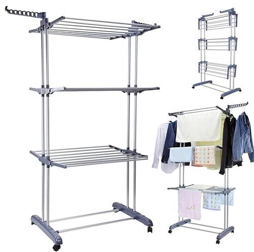 HitlineUK Wäscheständer, 3 Ebenen, zusammenklappbar, ideal für Balkon, Terrasse & Innenbereich, zusammenklappbarer Wäscheständer, Wäscheständer, Wäscheständer