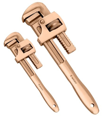 WEDO Lot de 2 clés à tuyau anti-étincelles, 30,5 cm + 45,7 cm, lot de 2 clés droites de plomberie, clés à pipe réglables, cuivre béryllium, non magnétique, surface polie, norme BAM/FM/DIN