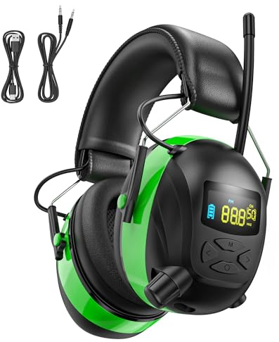 Kalence AM - Auriculares de radio FM con pantalla digital a color, protección auditiva recargable de 2000 mAh, protección auditiva de 30 dB, protección auditiva para cortar el césped, trabajo, color