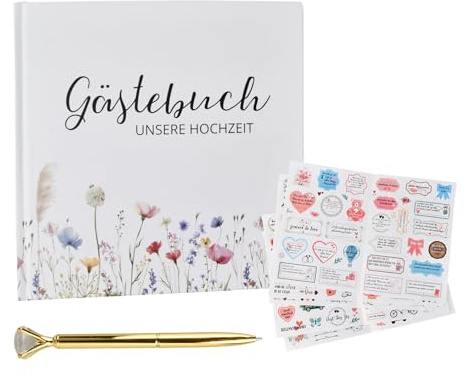 Libro degli Ospiti Matrimonio, 144 Pagine Bianche con Adesivi, Guest Book Nozze con Copertina Rigida per Foto e Dediche, Album Ricordi per Sposi e Invitati, Idea Regalo