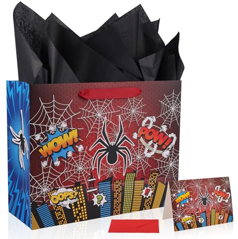 SAVITA Spinnen Geschenktüten Set, Spinnen Thema Goodie Bag Geschenkpapier Grußkarten Umschläge Cartoon Thema Partyzubehör für Jungen Geburtstagsparty Dekoration
