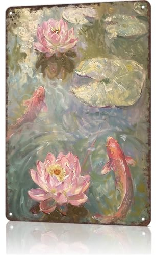 Koi Pond Metal Sign Japanese Botanical Gardens Tin Signs Vintage Pink Lotus Fish Poster Japanese Home Wall Decor For Bathroom & Restroom Wall Decor 8x12 Inch