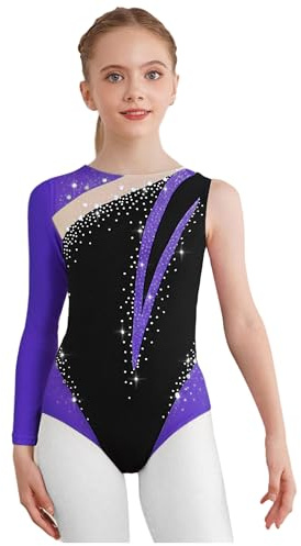 Fldy Justaucorps Ginnastica Balletto Ragazza Abbigliamento Pattinaggio Artistico Manica Lunga Strass Bambino Body Danza Latino Moderno Classico Viola 13-14 anni