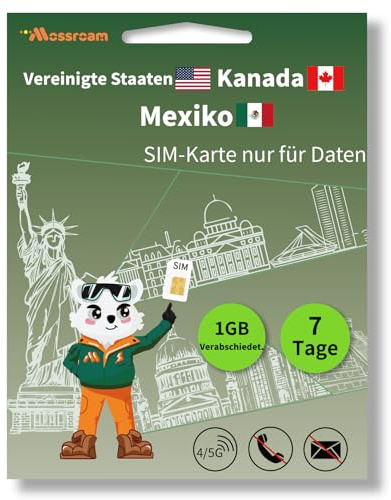 Nordamerika-Daten-SIM-Karte für Reisen – USA, Kanada und Mexiko, 1 GB 4/5G, tägliches LTE-Hochgeschwindigkeitsdatenvolumen für 7 Tage