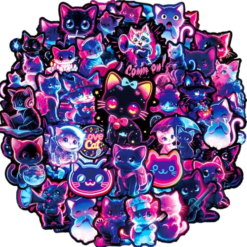 Cute Cat Stickers 56 Pcs Cool Neon Cat Sticker Pack, Prizes for Kids Classroom, Waterproof Vinyl Stickers for Water Bottles, Scrapbook, Journal, Skateboard, Laptop, Notesbook, Suitcase, Tumbler, etc