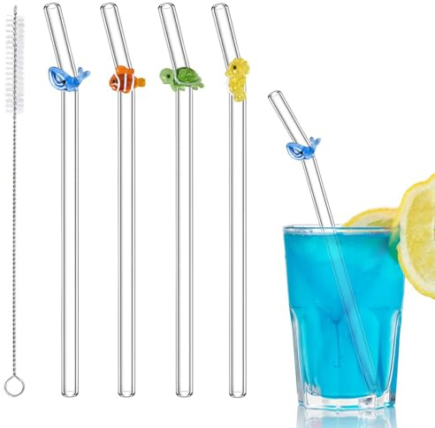 4 Stück Glasstrohhalme mit Motiv Meerestier-Charm | Strohhalme Glas mit Reinigungsbürsten, Glasstrohhalme Bunte für Kaffeeliebhaber, Saft, Sommerfest