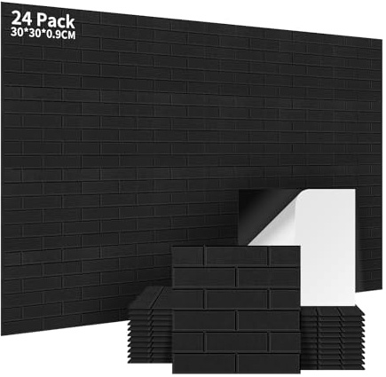 AsmeSonic 2,16㎡ Akustikplatten selbstklebend 24 Stück, 30x30x0.9cm Schwarz | Akustikpaneele Wandpaneele 100% Polyester Akustische Behandlung und Wanddekoration für Tonstudio, Gaming Deko, Studio