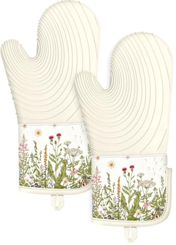 Slohif Long Silicone Oven Mitts Heat Resistant for Women - 2 Pcs Flowers 100% Cotton Oven Gloves, Non-Slip and Waterproof Silicone Oven Mitts with Hanger for Baking and Cooking