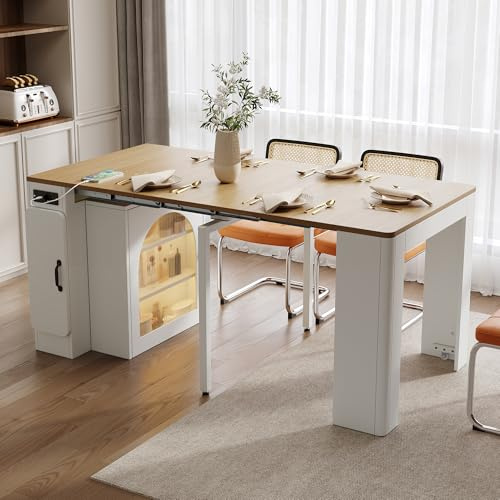 Gxffipw Bartisch Kücheninsel Höhe 77 cm mit Ausziehbarer Esstisch und Rollen, Küchenschrank Sideboard mit Stauraum, Buffetschrank Bistrotisch Barschrank für Küche und Esszimmer, Weiß