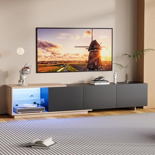HYTKKBD Ensemble Meuble TV avec 3 Tiroirs et Structure de Rangement Ouverte, Meuble Télé de Salon avec LED, 160-240 cm, Meuble TV Bas, Moderne Armoire de Télévision, Noir