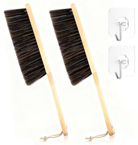 KU 2 Stück Handfeger mit Aufhängeleine & Haken, 35cm Weiche PP-Borsten, Holzgriff Rosshaarbürste- Ideal für Haushalt, Garten, Terrasse, Auto, Werkstatt, Feinreinigung