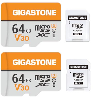 GIGASTONE Carte Micro SD 64 Go Lot de 2, V30 Enregistrement Vidéo 4K, pour Surveillance, Caméra de Sécurité, Dashcam et Drone, Carte Mémoire MicroSDXC UHS-I Classe 10 Jusqu’à 95 Mo/s, avec Adaptateur
