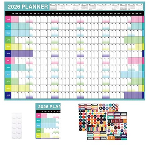 Calendrier 2026, planificateur annuel 2026, poster mural avec 365 jours – Grand planificateur décoratif pour tableau d'affichage, famille, enseignant, bureau, école, atelier, rendez-vous, vacances