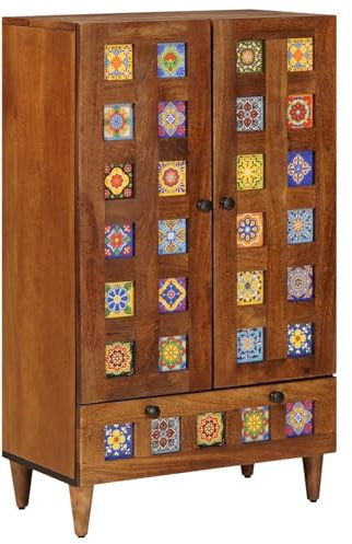 Teenpull Buffet haut avec porte en noyer 60 x 33,5 x 100 cm, bois massif de mangue, buffet durable pour salle à manger, salon, bureau, rangement moderne