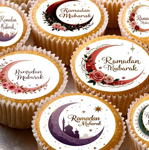24 Eid Mubarak pre-cut edible cupcake wafer toppers