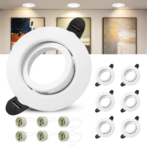 Laiebri 6er Einbaustrahler GU10 Set, 45° Schwenkbar Einbaurahmen 68mm mit GU10 Fassung, Rund LED Spots 230V Ultra Flach Deckenspots Weiß, Einbauspots Einbauleuchten Rahmen für LED oder Halogen