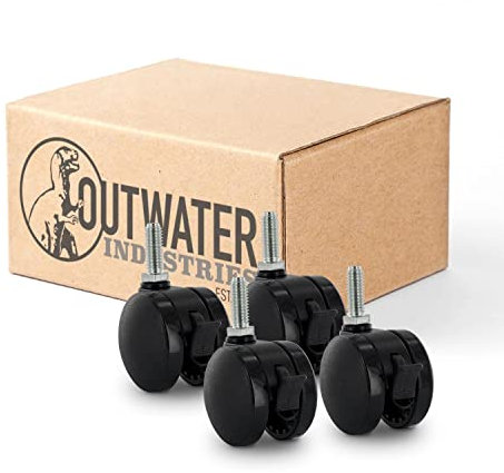 Outwater's Premium 2 Inch Heavy Duty Black Non-Hooded All Metal Diecast Center Twin Wheel Chair Casters (Set of 4) w/ 3/8-16 x 1'' Long Threaded Stem w/ Brake (MM3BR-10) & 110lbs/wheel Load Capacity